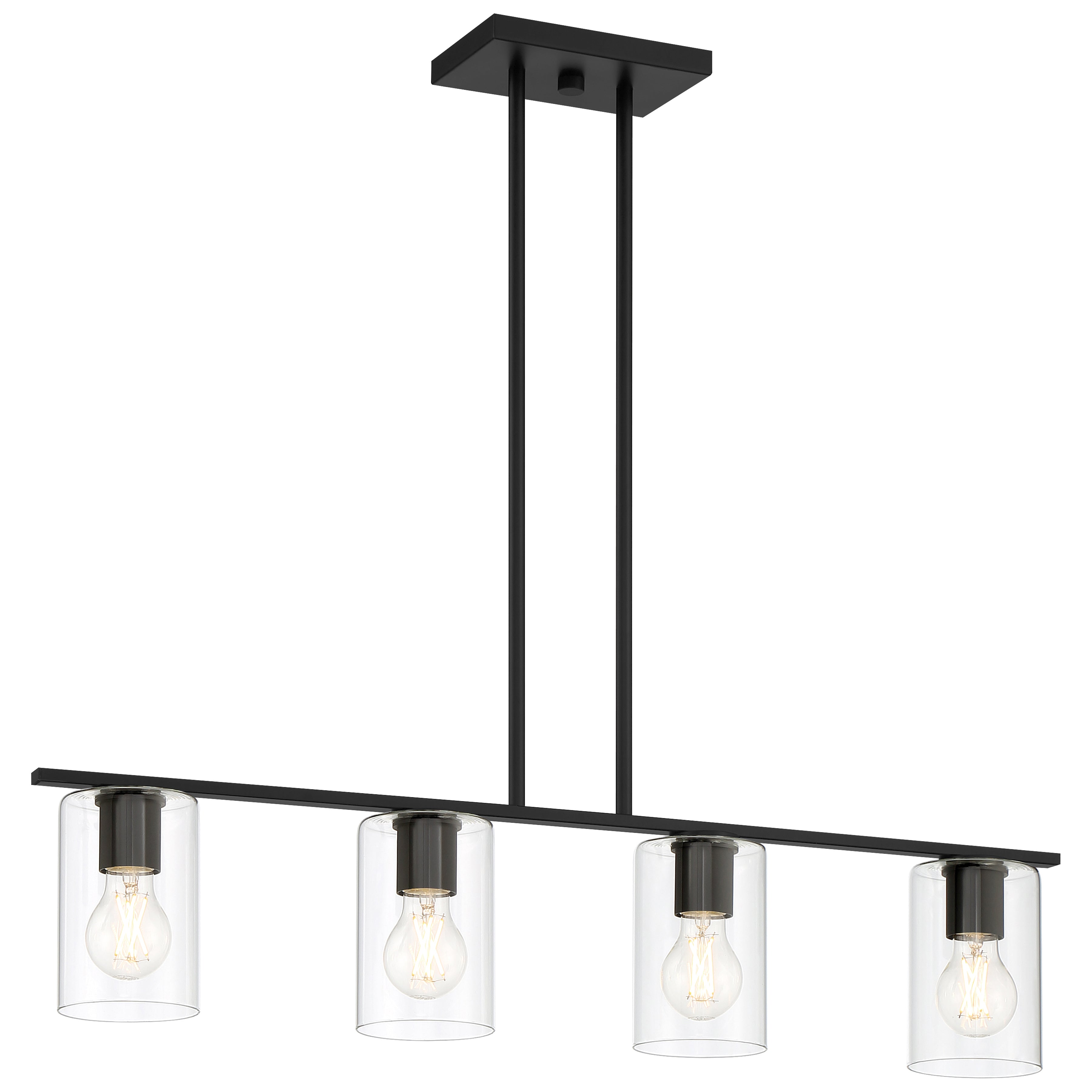 Oslo LED Linear Pendant by Access Lighting features a rectangular black frame with four exposed bulbs, each encased in a clear cylindrical glass shade, suspended from a ceiling mount by two rods.