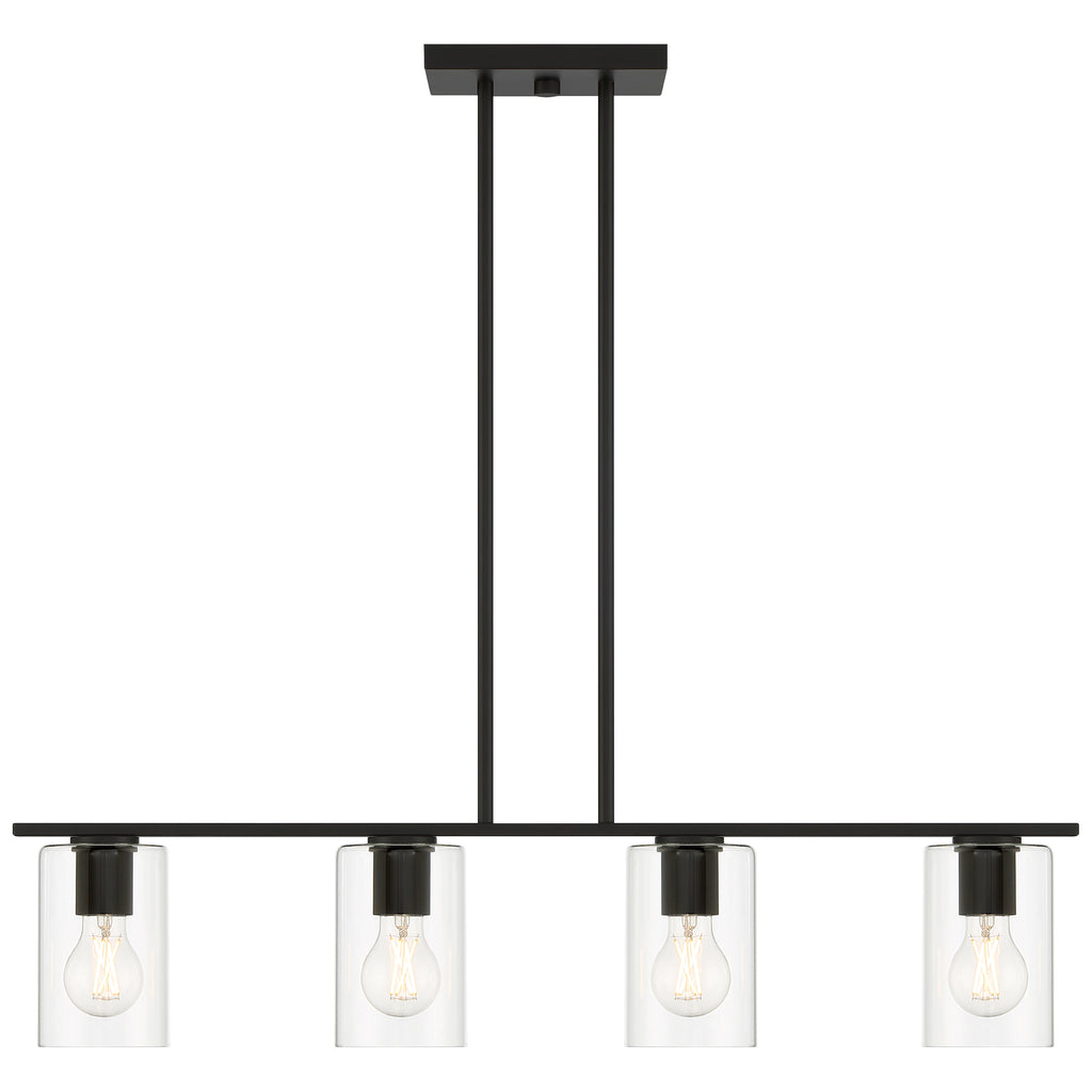 The Oslo LED Linear Pendant by Access Lighting features a rectangular black design with four exposed bulbs, each enclosed in a clear glass cylinder and suspended by two vertical rods.