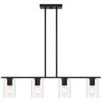 The Oslo LED Linear Pendant by Access Lighting features a rectangular black design with four exposed bulbs, each enclosed in a clear glass cylinder and suspended by two vertical rods.