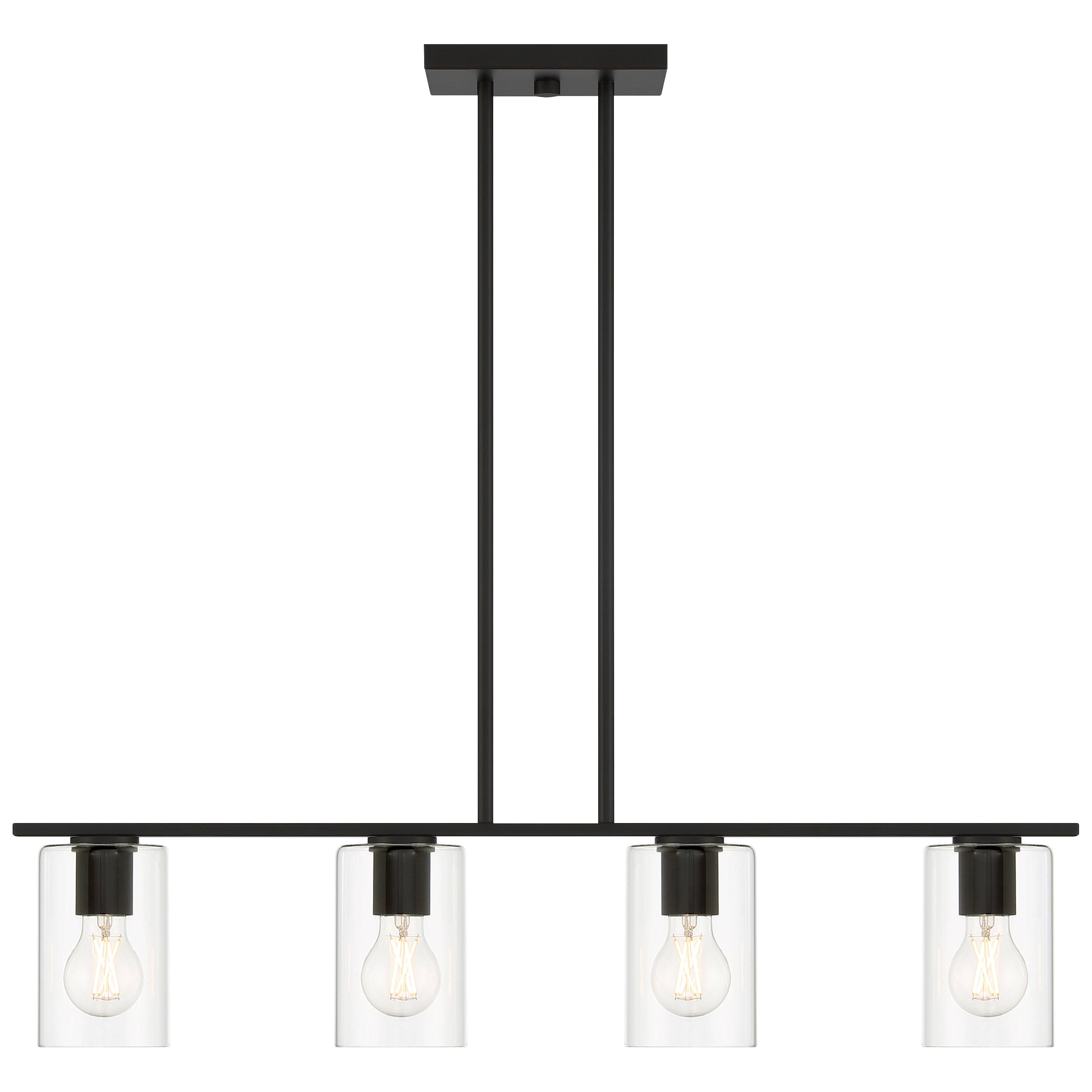 The Oslo LED Linear Pendant by Access Lighting features a rectangular black design with four exposed bulbs, each enclosed in a clear glass cylinder and suspended by two vertical rods.