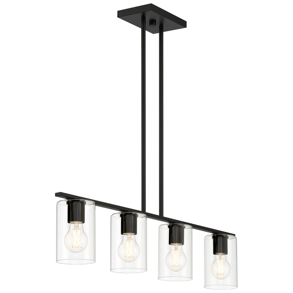 The Oslo LED Linear Pendant by Access Lighting is a modern rectangular chandelier featuring four exposed LED light sources, each encased in a clear cylindrical glass shade and suspended from a sleek black metal frame.
