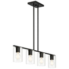 The Oslo LED Linear Pendant by Access Lighting is a modern rectangular chandelier featuring four exposed LED light sources, each encased in a clear cylindrical glass shade and suspended from a sleek black metal frame.