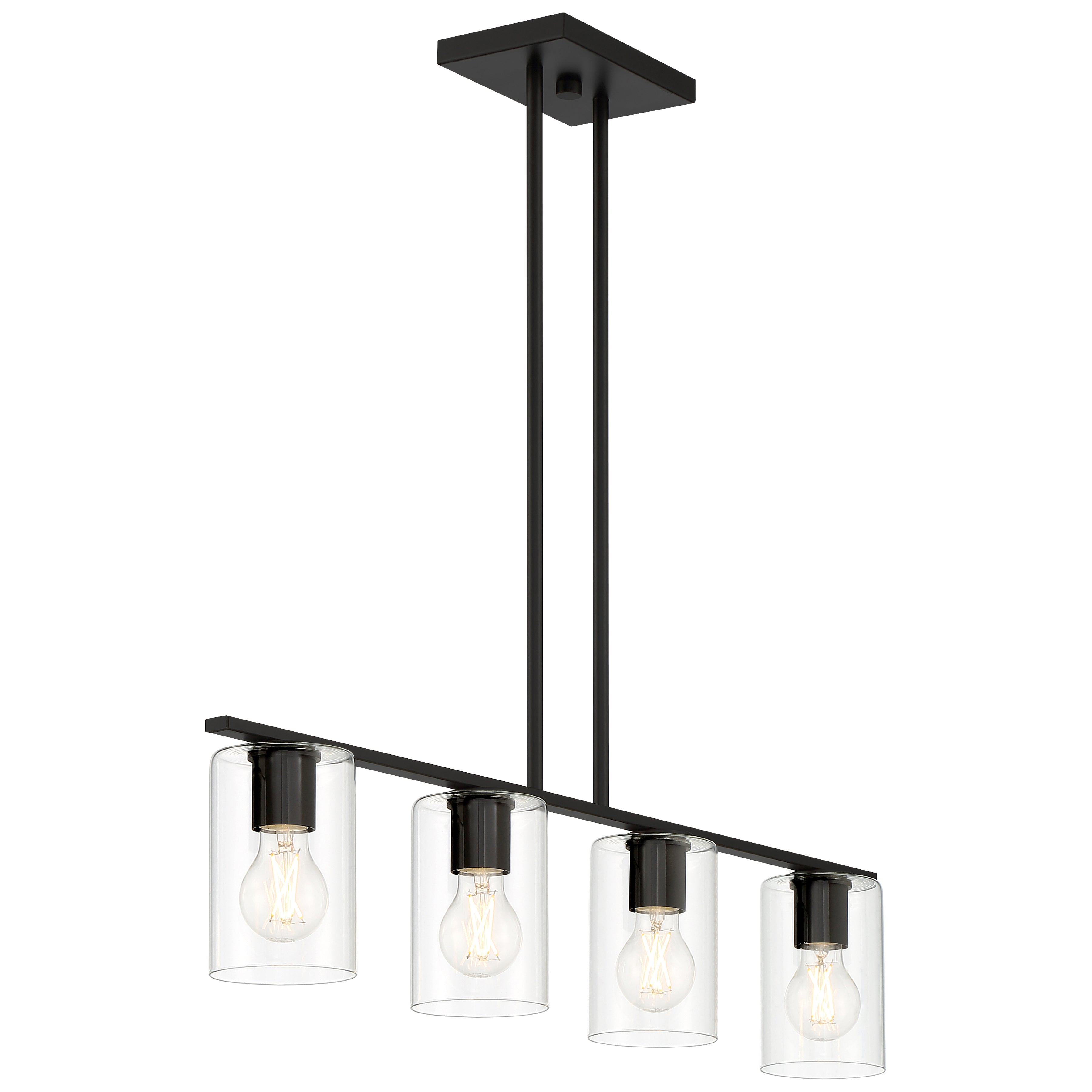 The Oslo LED Linear Pendant by Access Lighting is a modern rectangular chandelier featuring four exposed LED light sources, each encased in a clear cylindrical glass shade and suspended from a sleek black metal frame.