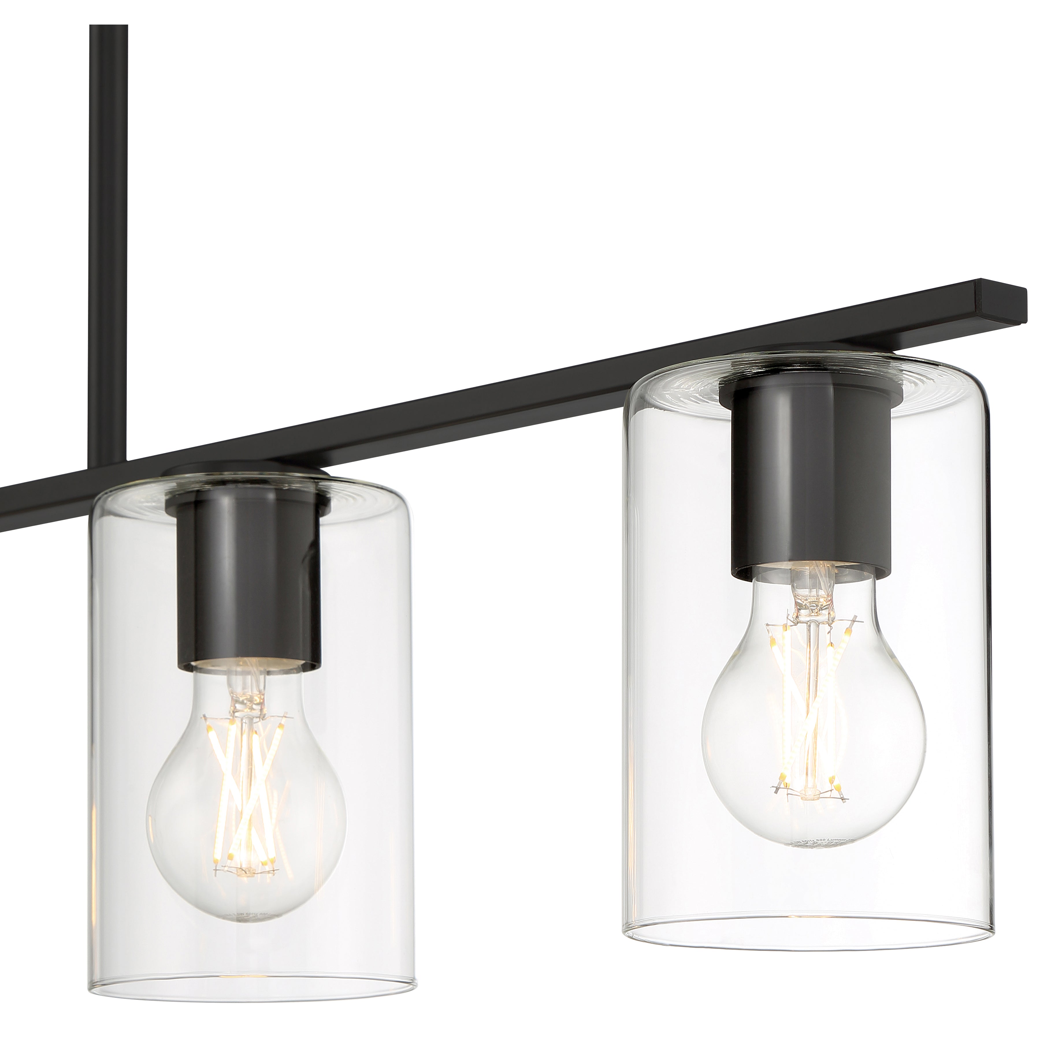 Two Oslo LED Linear Pendants by Access Lighting, featuring clear glass shades with exposed bulbs, hang from a horizontal black metal bar.