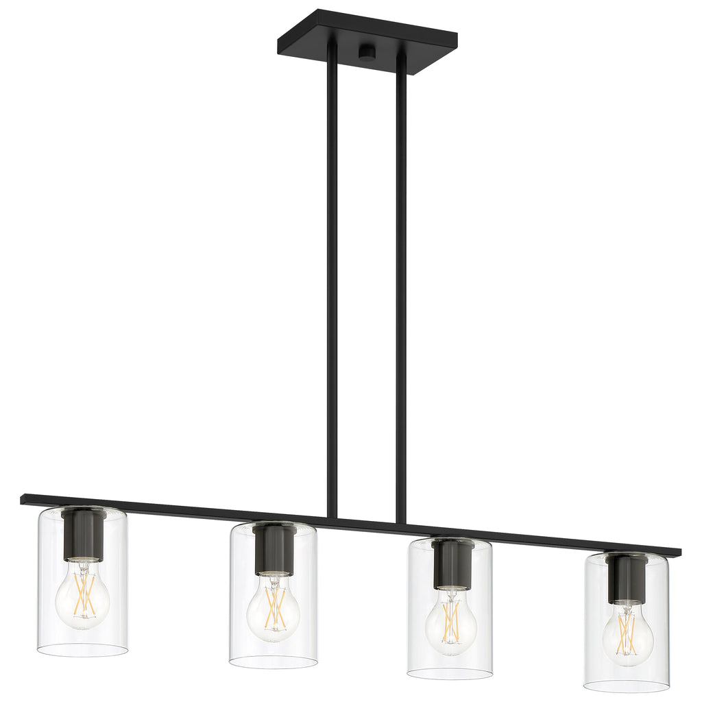 The Oslo LED Linear Pendant by Access Lighting features a modern rectangular black frame with four exposed LED bulbs, each encased in a clear cylindrical glass shade and suspended from the ceiling by two sleek rods.