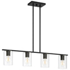 The Oslo LED Linear Pendant by Access Lighting features a modern rectangular black frame with four exposed LED bulbs, each encased in a clear cylindrical glass shade and suspended from the ceiling by two sleek rods.