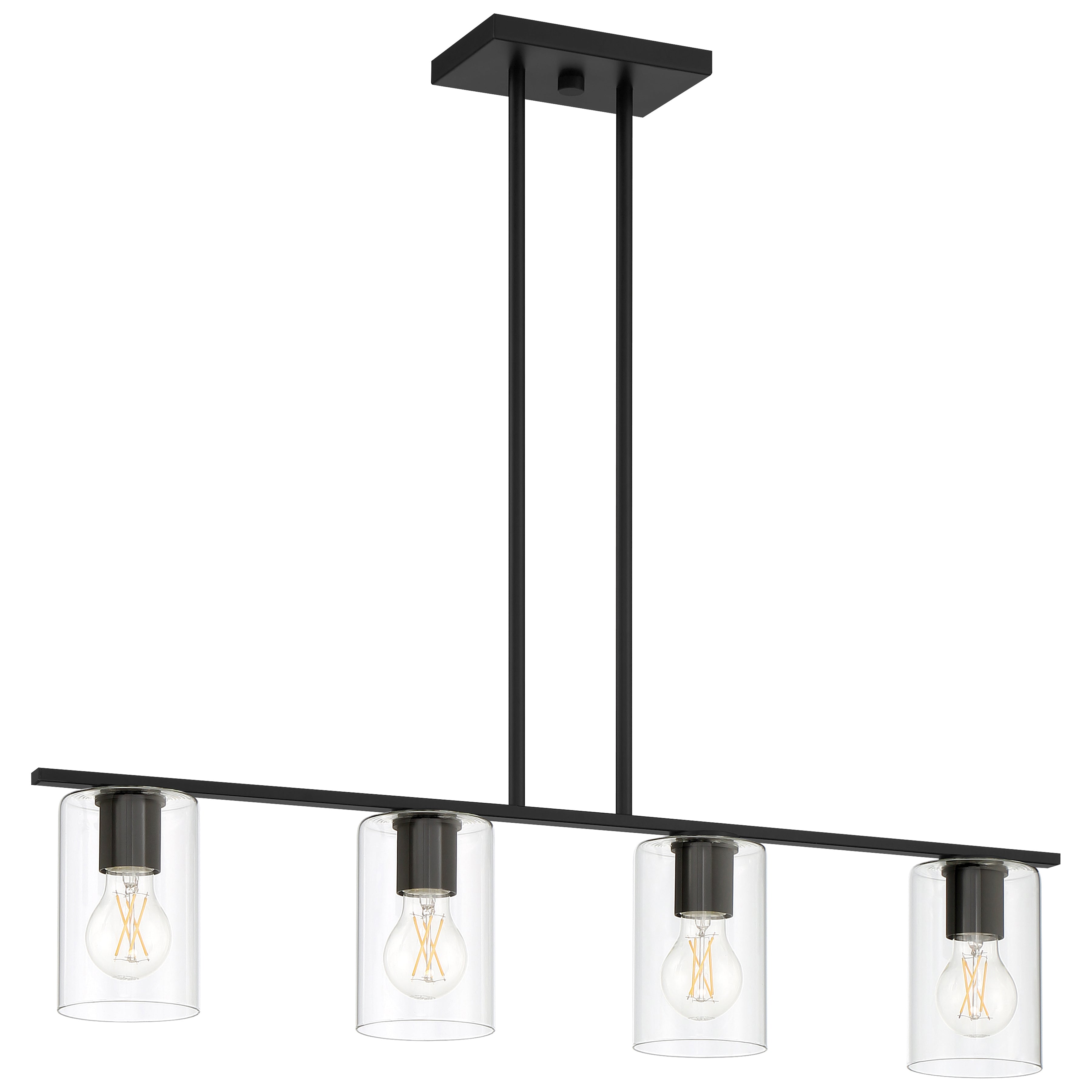 The Oslo LED Linear Pendant by Access Lighting features a modern rectangular black frame with four exposed LED bulbs, each encased in a clear cylindrical glass shade and suspended from the ceiling by two sleek rods.