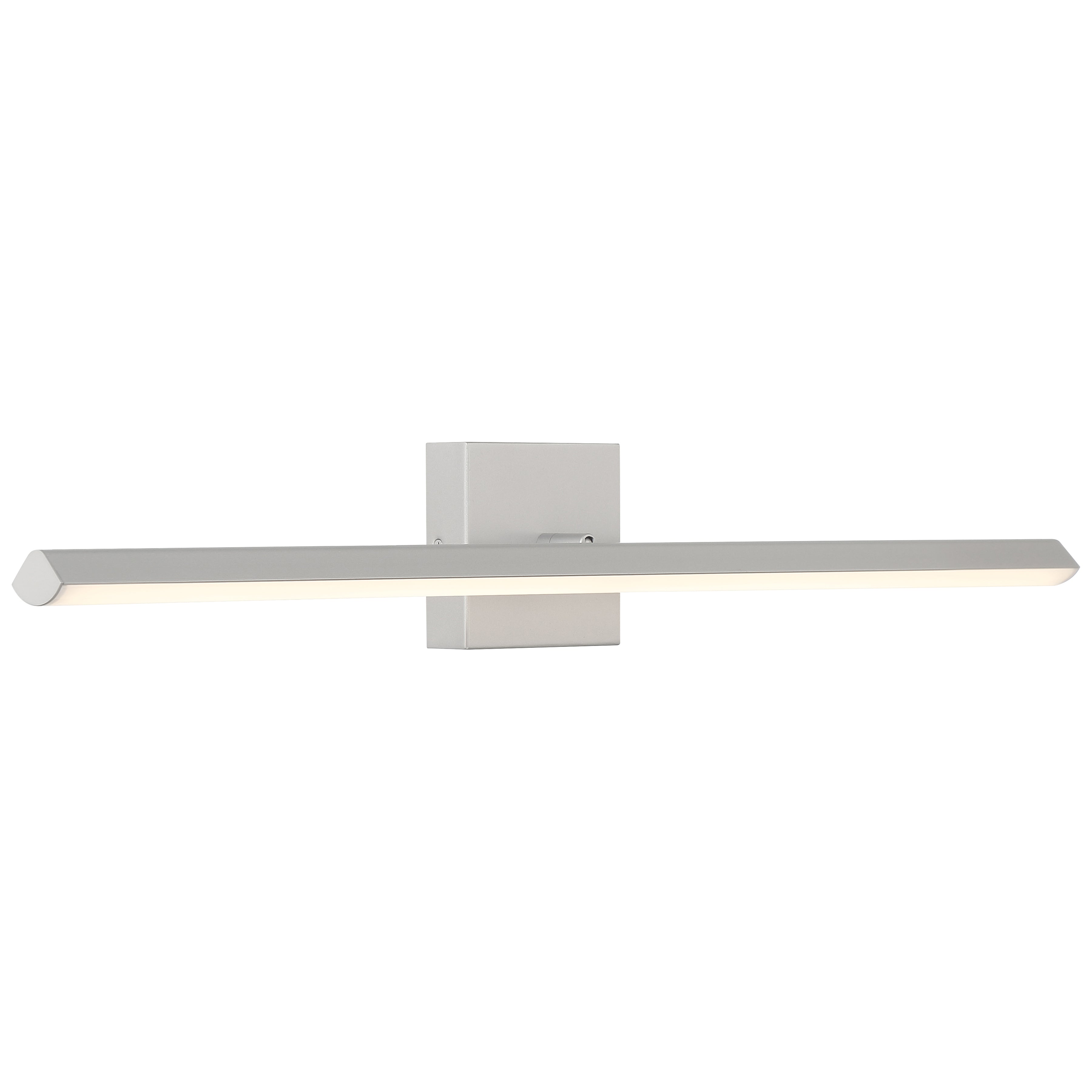 The Float Adjustable LED Vanity by Access Lighting features a modern, wall-mounted design with a rectangular silver base and a long 24.25-inch horizontal bar, emitting a soft white light.