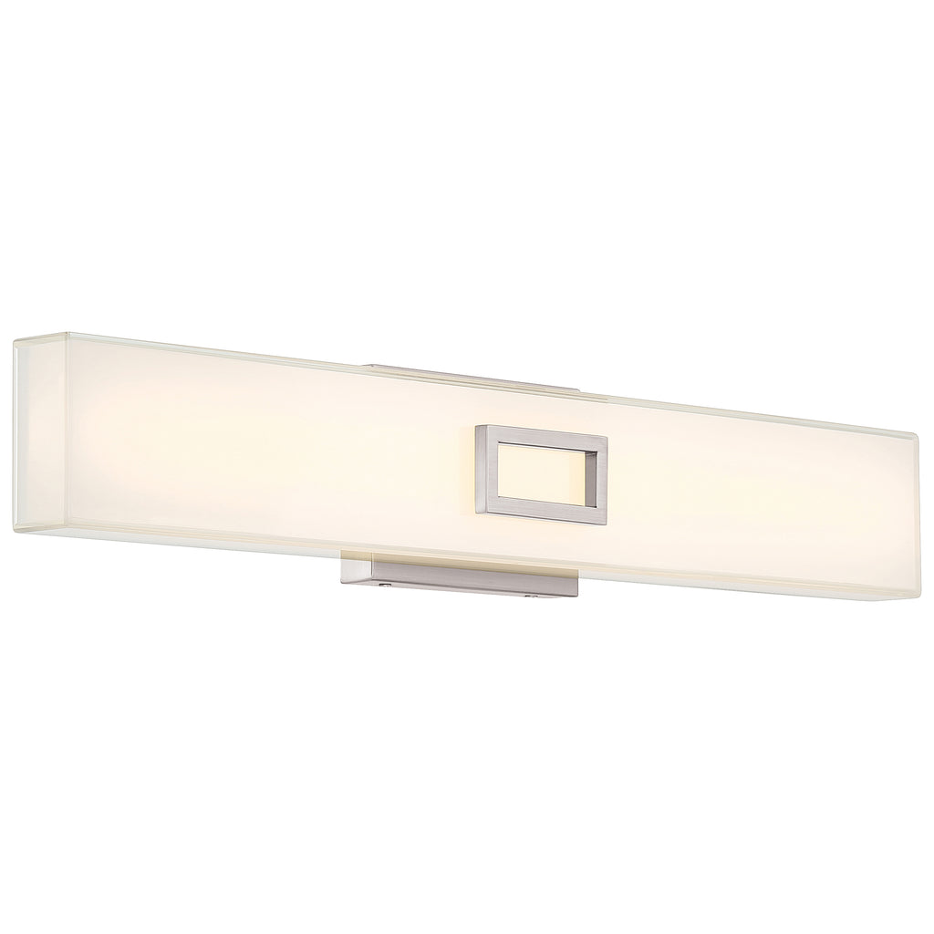 The Restore LED Vanity by Access Lighting features a modern rectangular wall-mounted design with a frosted glass shade and a central brushed steel accent, using 25W of power.
