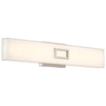The Restore LED Vanity by Access Lighting features a modern rectangular wall-mounted design with a frosted glass shade and a central brushed steel accent, using 25W of power.