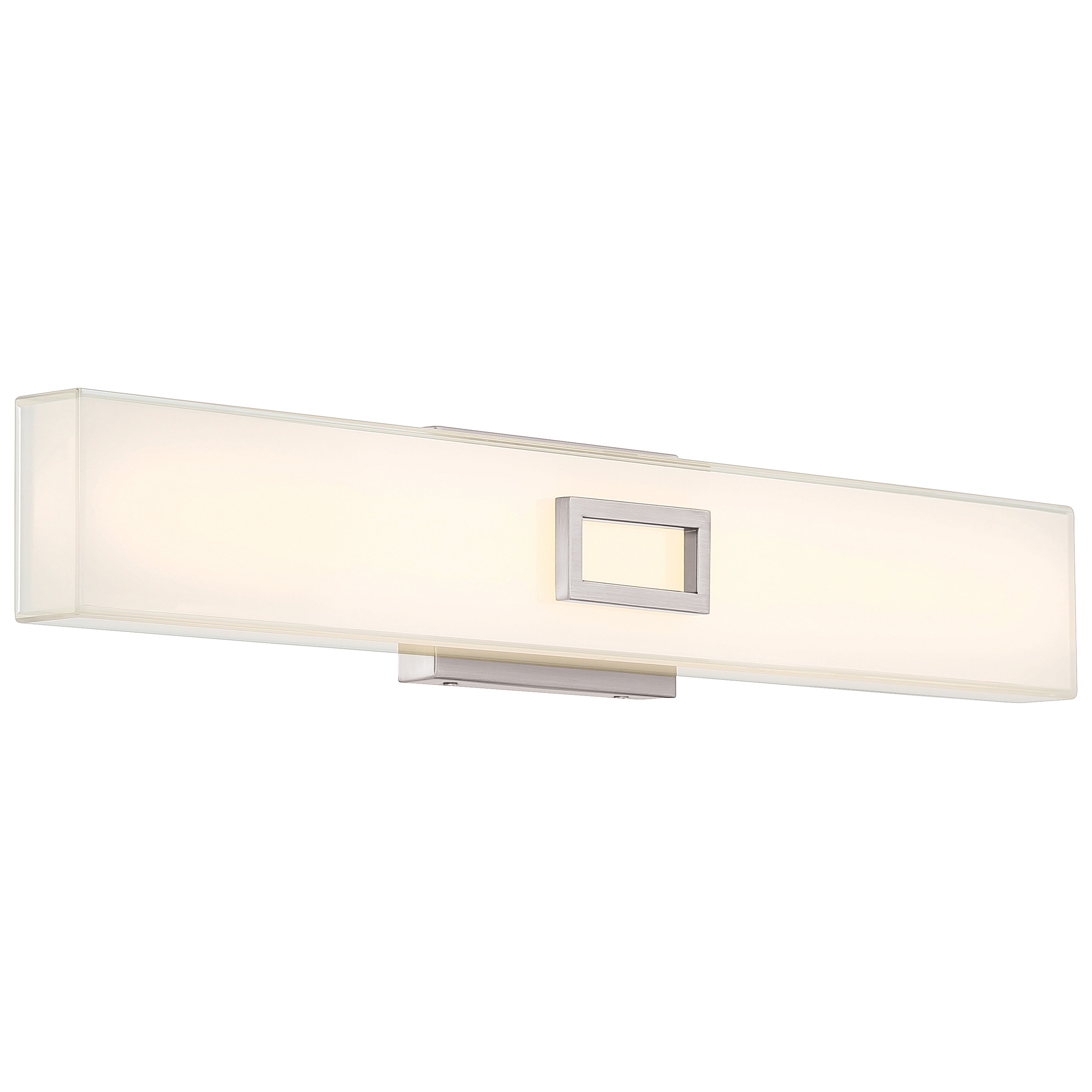 The Restore LED Vanity by Access Lighting features a modern rectangular wall-mounted design with a frosted glass shade and a central brushed steel accent, using 25W of power.