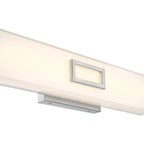 The Restore LED Vanity by Access Lighting features a modern wall-mounted design with a frosted rectangular shade and brushed steel accents, offering a soft, even glow at 25W.
