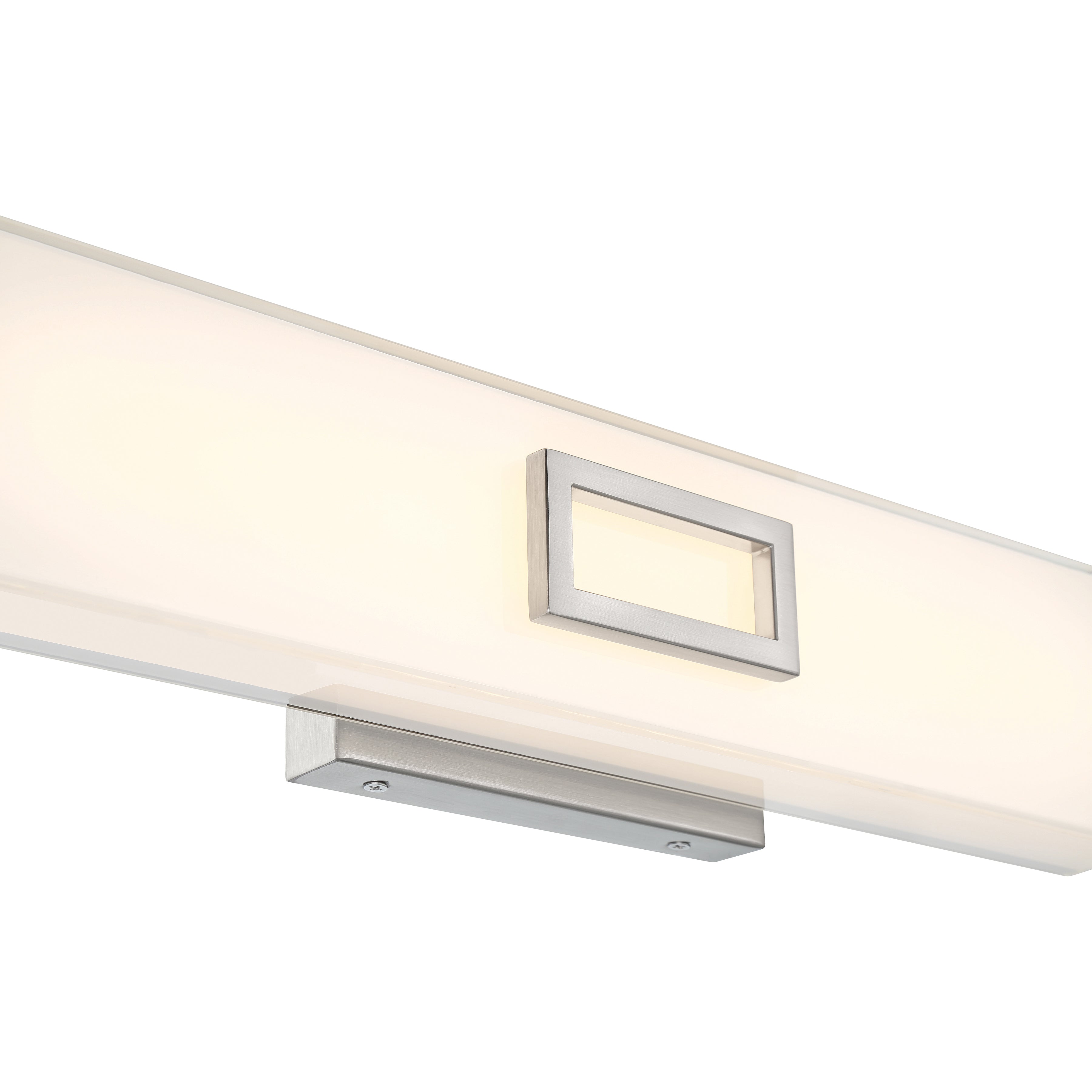 The Restore LED Vanity by Access Lighting features a modern wall-mounted design with a frosted rectangular shade and brushed steel accents, offering a soft, even glow at 25W.