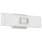 Restore LED Vanity by Access Lighting in brushed steel features a modern rectangular design with a frosted glass shade and is mounted horizontally.