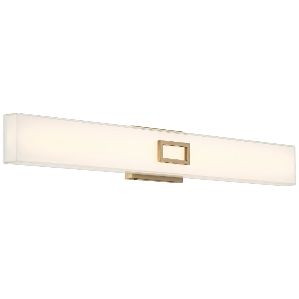 Access Lighting’s Restore LED Vanity in Antique Brushed Brass features a rectangular wall-mounted design with a frosted white shade and elegant gold accents, ideal for enhancing modern interiors.