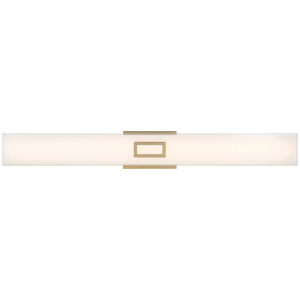 A horizontal wall-mounted light fixture, the Restore LED Vanity by Access Lighting, features a frosted white shade and a central rectangular metallic bracket in an antique brushed brass finish (30W).