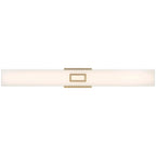 A horizontal wall-mounted light fixture, the Restore LED Vanity by Access Lighting, features a frosted white shade and a central rectangular metallic bracket in an antique brushed brass finish (30W).