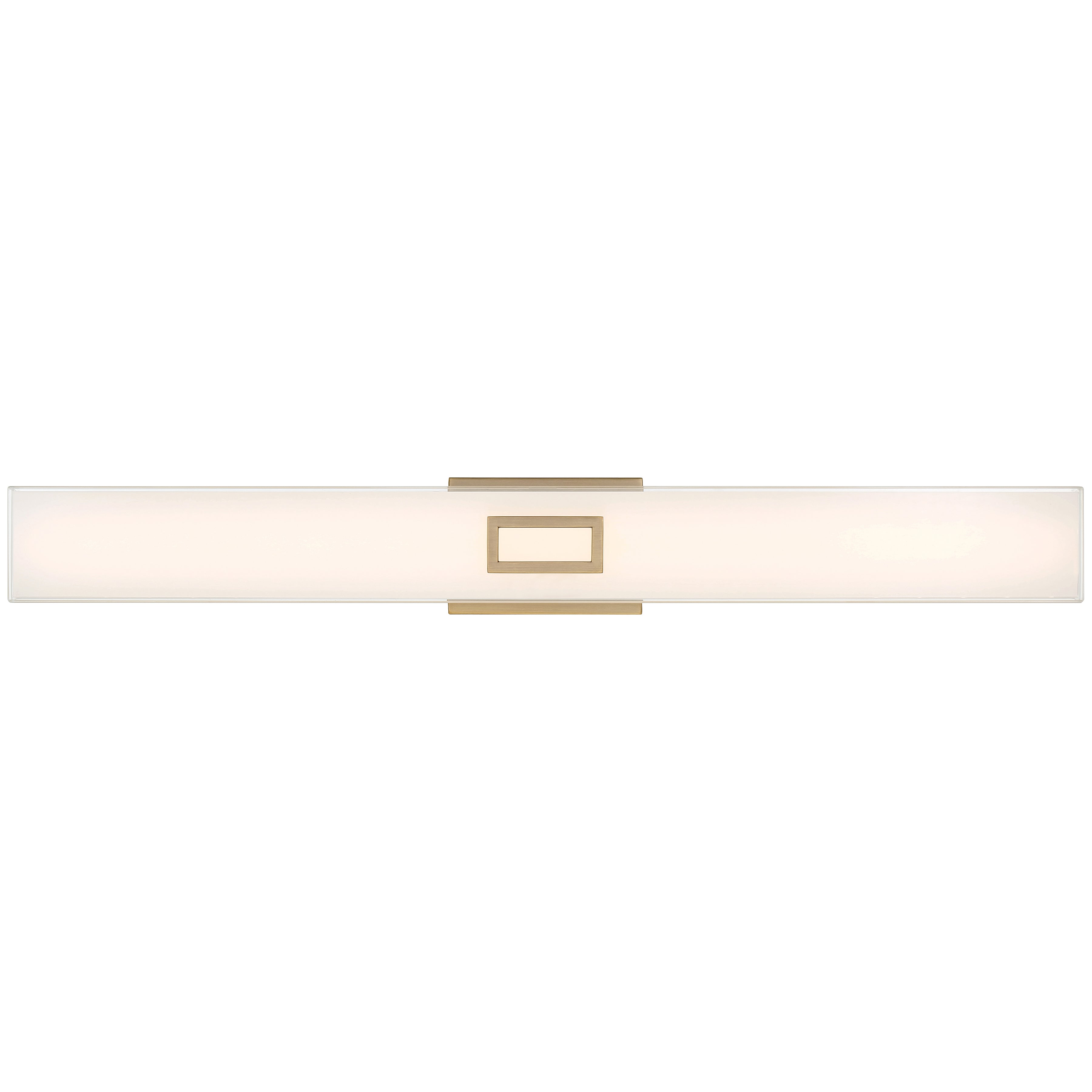 A horizontal wall-mounted light fixture, the Restore LED Vanity by Access Lighting, features a frosted white shade and a central rectangular metallic bracket in an antique brushed brass finish (30W).