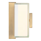 Restore LED Vanity by Access Lighting, featuring an Antique Brushed Brass finish and a frosted glass center, mounted vertically against a plain background.