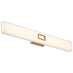 Restore LED Vanity by Access Lighting is a rectangular wall-mounted light fixture featuring a frosted white cover and an antique brushed brass accent in the center, designed for modern interiors.