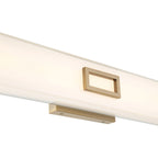 Close-up of the Restore LED Vanity by Access Lighting, featuring a rectangular antique brushed brass frame and a white opaque panel.