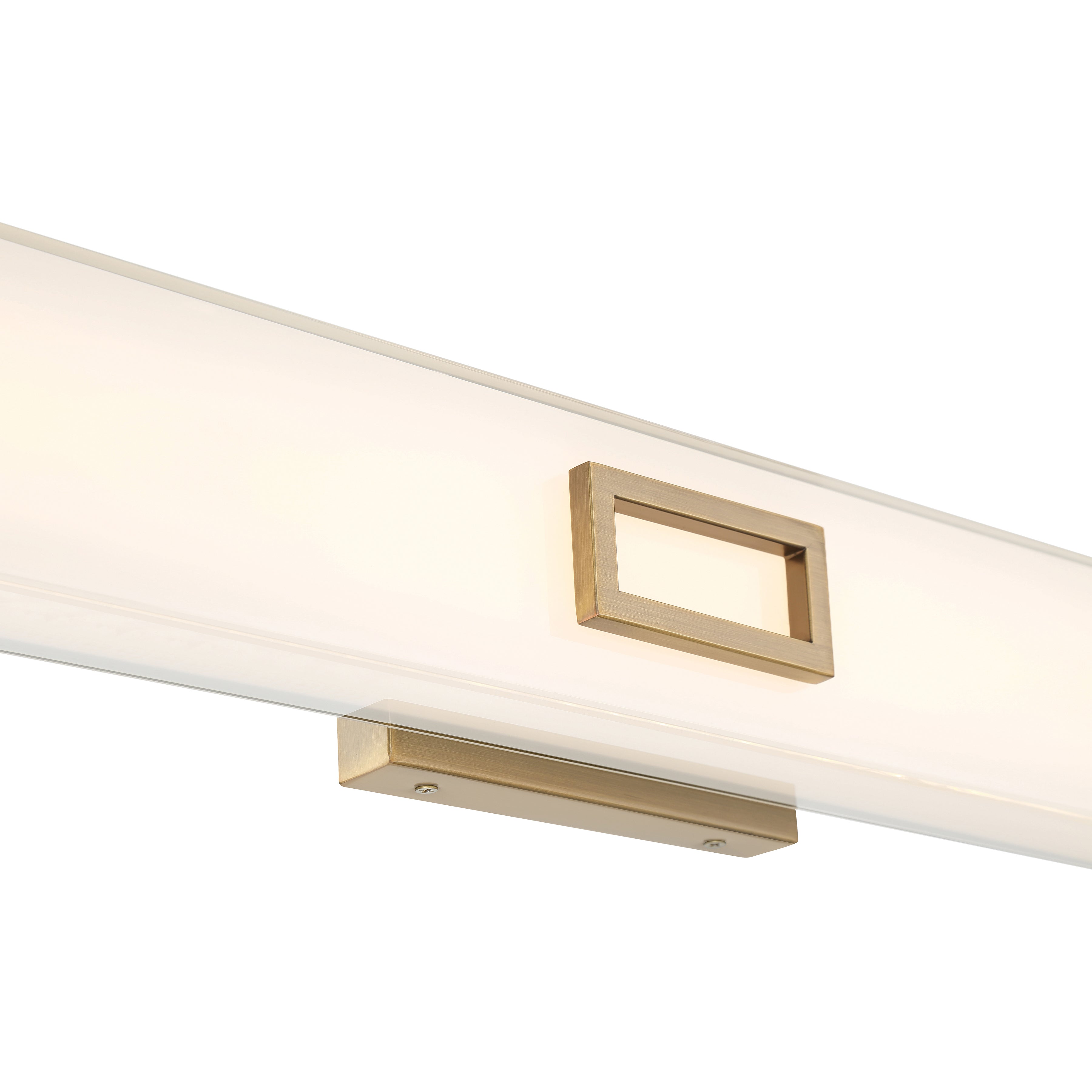 Close-up of the Restore LED Vanity by Access Lighting, featuring a rectangular antique brushed brass frame and a white opaque panel.