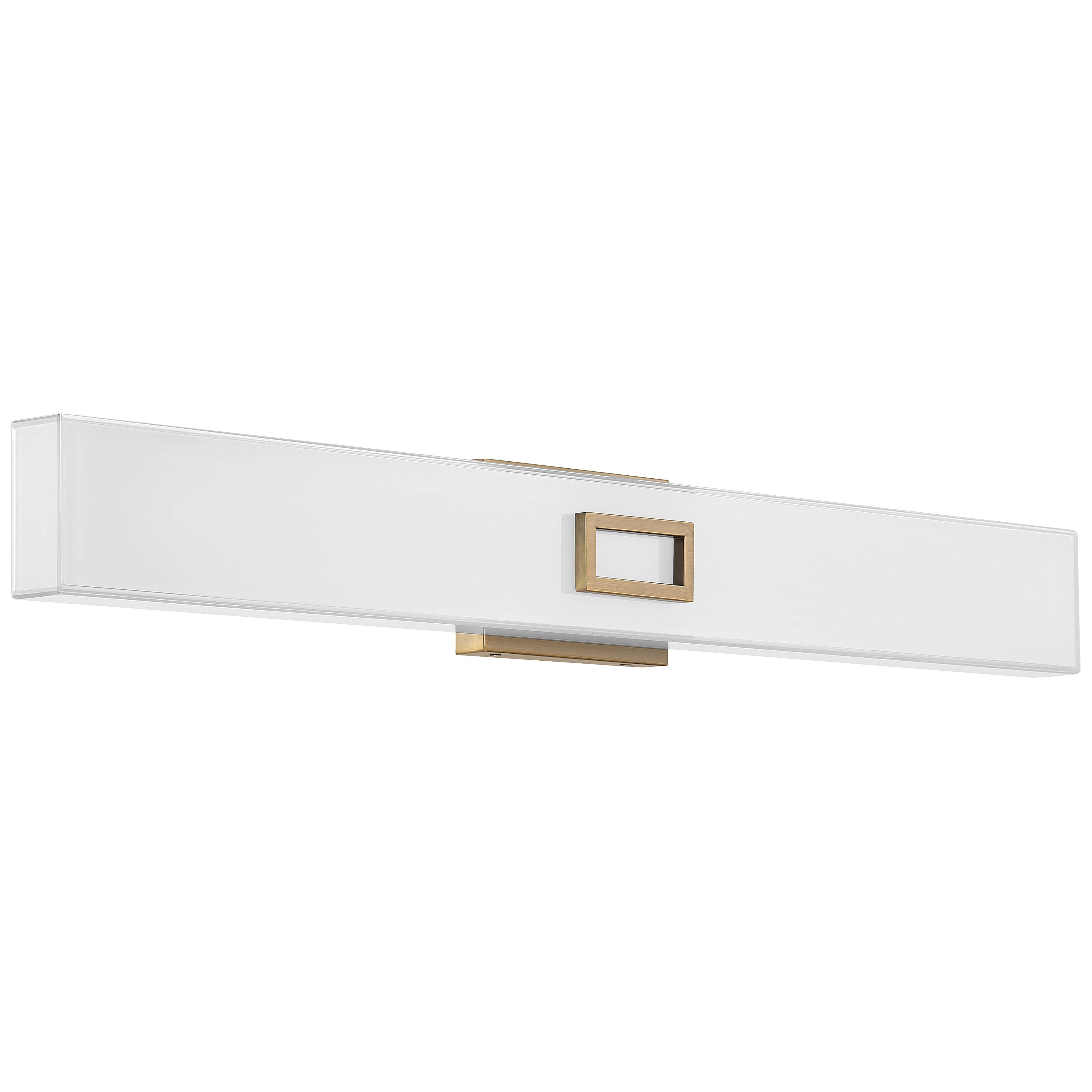 Rectangular wall-mounted Restore LED Vanity by Access Lighting, featuring a white shade and a central antique brushed brass accent, 30W.