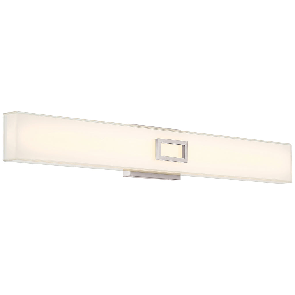 The Restore LED Vanity by Access Lighting features a rectangular, wall-mounted design with a frosted white diffuser and a brushed steel accent at the center. This 30W fixture is ideal for modern interiors.
