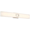 The Restore LED Vanity by Access Lighting features a rectangular, wall-mounted design with a frosted white diffuser and a brushed steel accent at the center. This 30W fixture is ideal for modern interiors.