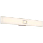 The Restore LED Vanity by Access Lighting features a rectangular, wall-mounted design with a frosted white diffuser and a brushed steel accent at the center. This 30W fixture is ideal for modern interiors.