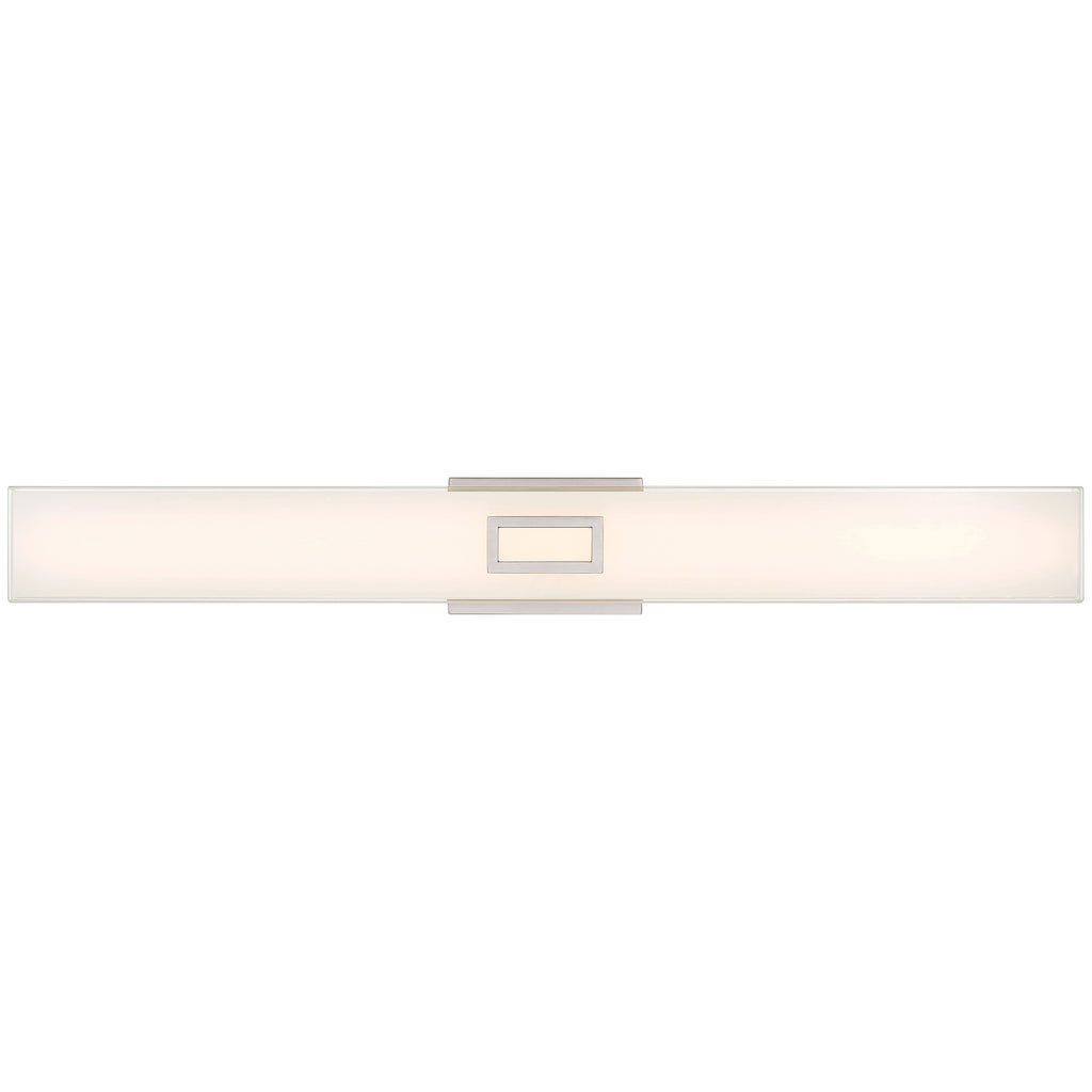 Restore LED Vanity by Access Lighting in Brushed Steel (30W), featuring a rectangular wall-mounted design with a frosted white cover and a central metallic mounting bracket, shown from the front against a white background.