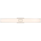 Restore LED Vanity by Access Lighting in Brushed Steel (30W), featuring a rectangular wall-mounted design with a frosted white cover and a central metallic mounting bracket, shown from the front against a white background.