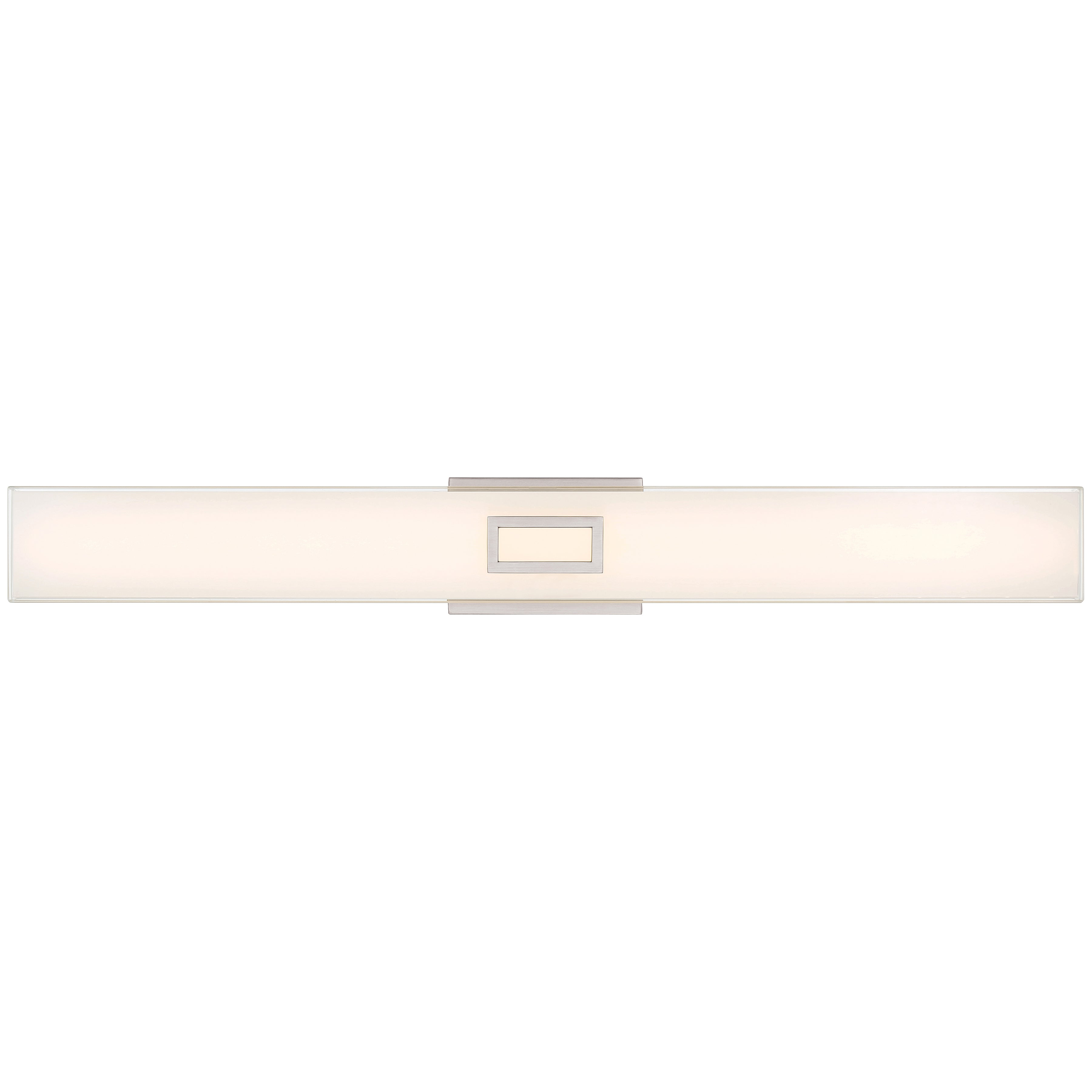 Restore LED Vanity by Access Lighting in Brushed Steel (30W), featuring a rectangular wall-mounted design with a frosted white cover and a central metallic mounting bracket, shown from the front against a white background.