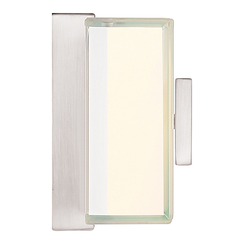 Restore LED Vanity by Access Lighting in Brushed Steel (30W), featuring a frosted glass panel and a brushed metal frame, displayed against a white background.
