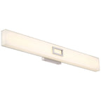 The Restore LED Vanity by Access Lighting features a rectangular, wall-mounted design with a frosted cover and a central metallic accent finished in brushed steel, offering a modern 30W lighting solution ideal for contemporary indoor spaces.