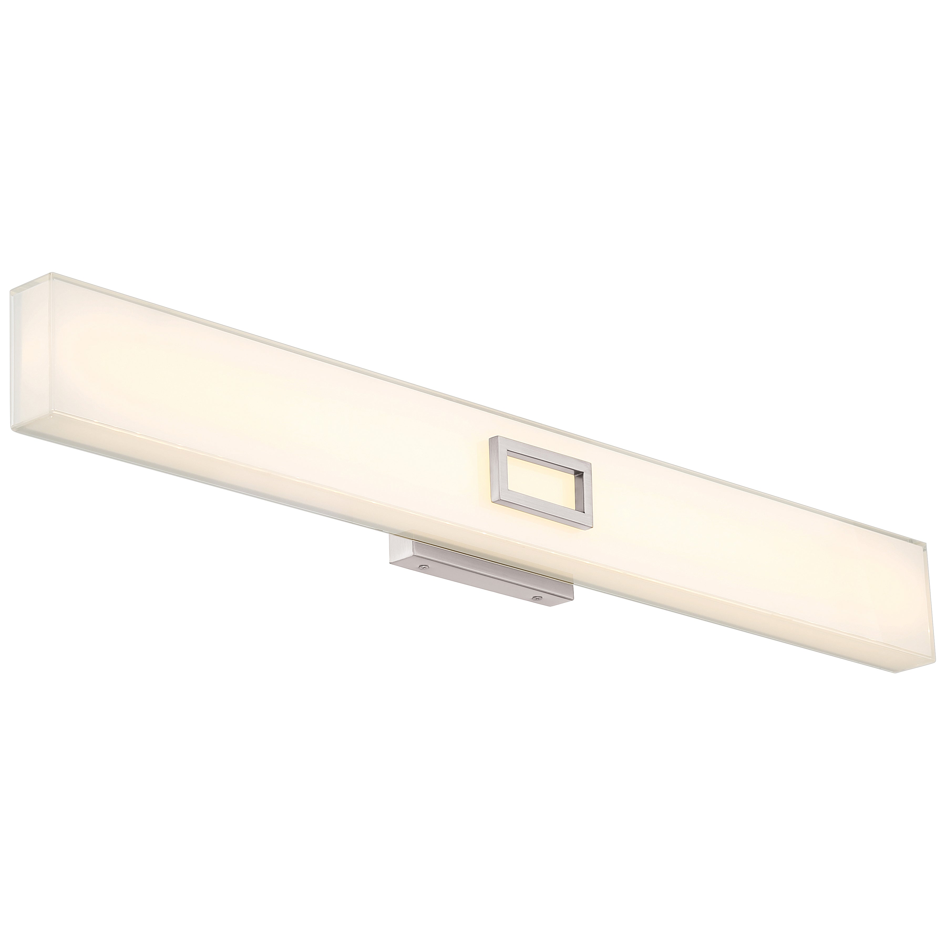 The Restore LED Vanity by Access Lighting features a rectangular, wall-mounted design with a frosted cover and a central metallic accent finished in brushed steel, offering a modern 30W lighting solution ideal for contemporary indoor spaces.