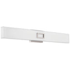 Restore LED Vanity by Access Lighting features a rectangular wall-mounted design with a frosted white cover and a brushed steel metallic accent in the center.