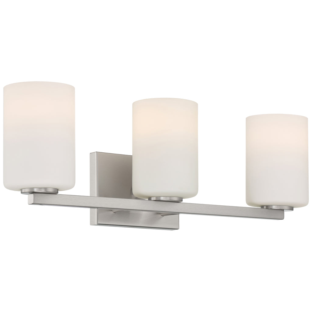 The Access Lighting Sienna 3 Light Vanity features three cylindrical frosted glass shades and a brushed steel wall-mounted base.