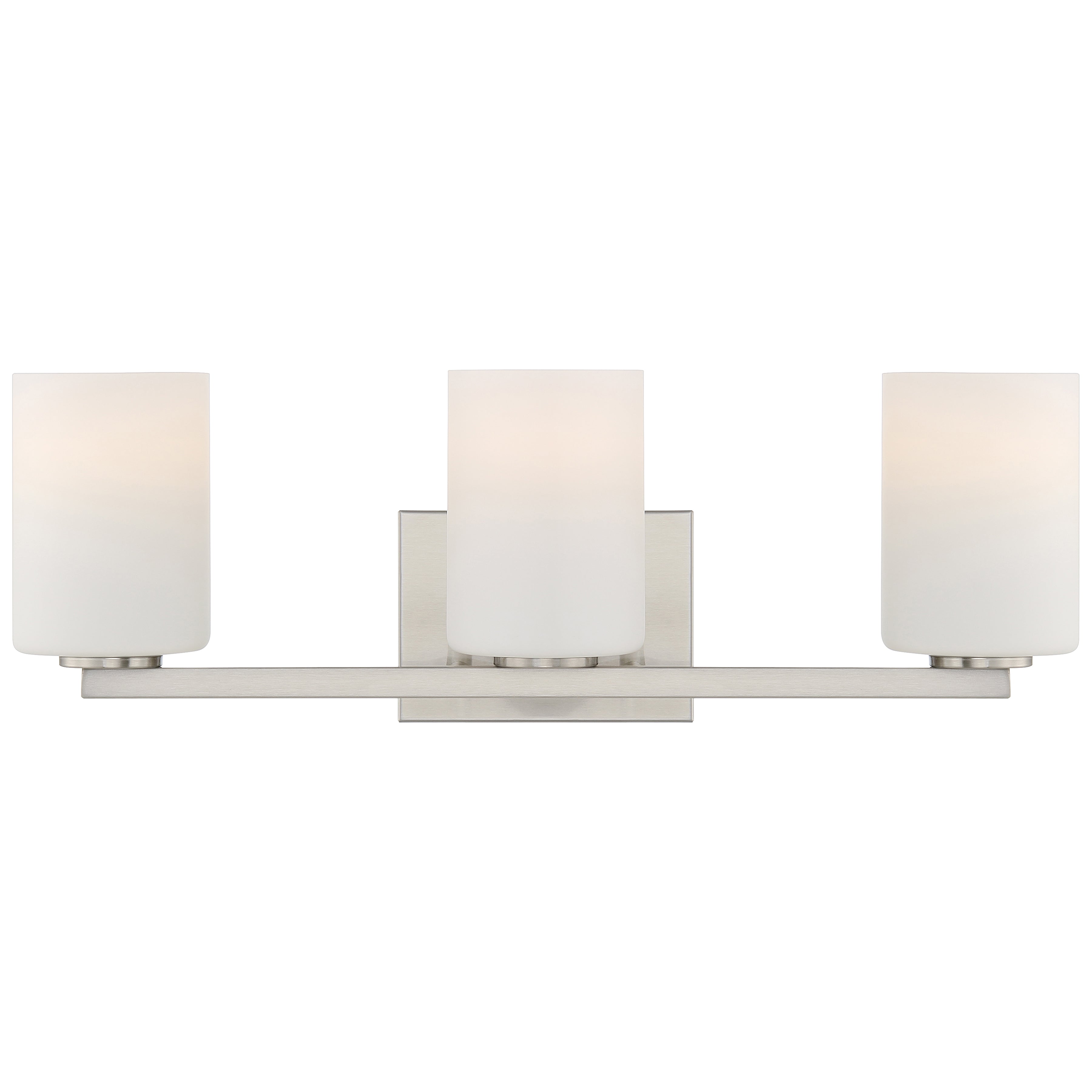 The Sienna 3 Light Vanity by Access Lighting features frosted glass cylindrical shades and a brushed steel rectangular base, shown illuminated.