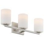 The Sienna 3 Light Vanity by Access Lighting features a contemporary wall-mounted design with three frosted glass cylindrical shades and a brushed steel base.