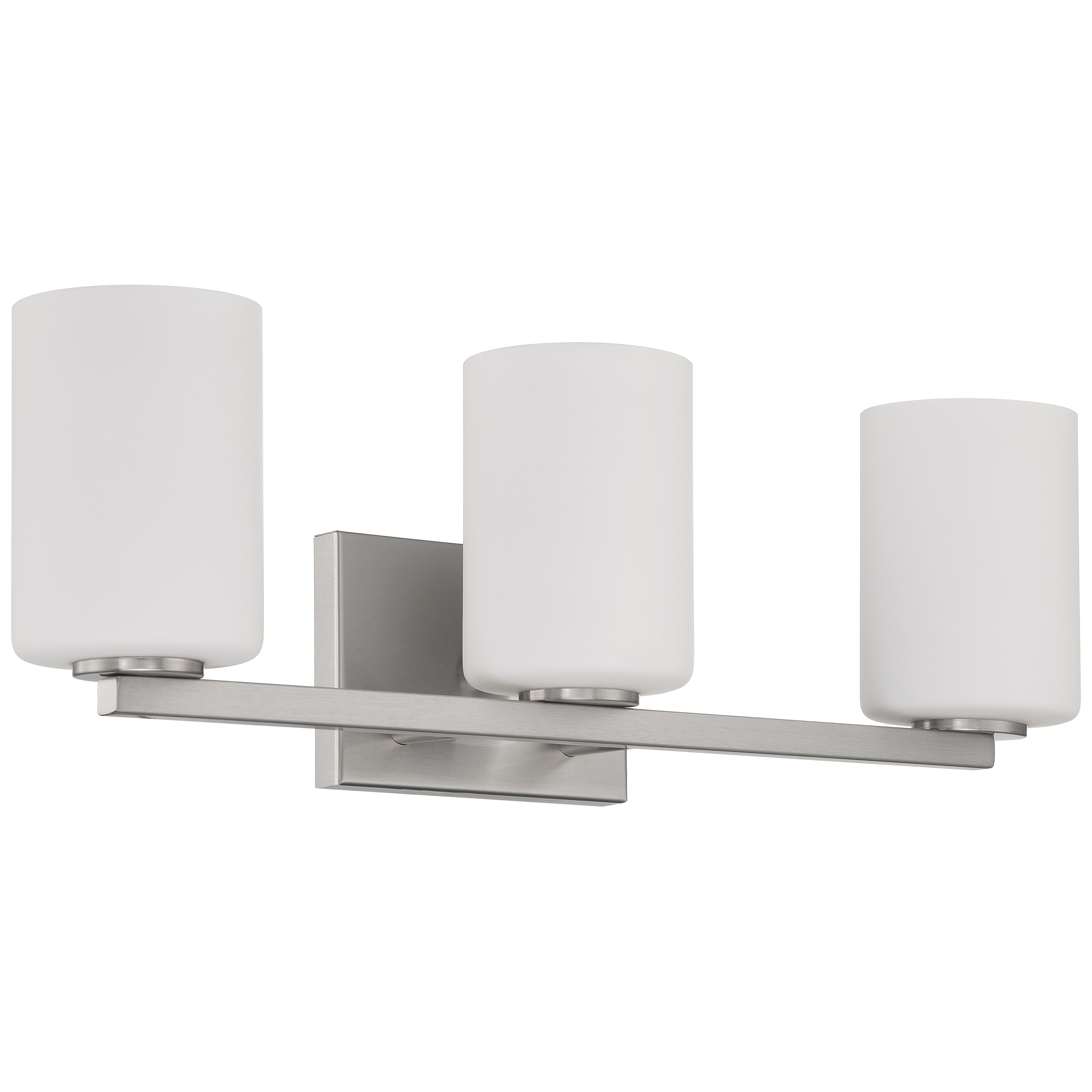 The Sienna 3 Light Vanity by Access Lighting features a brushed steel base and three cylindrical white glass shades, all mounted on a rectangular backplate.