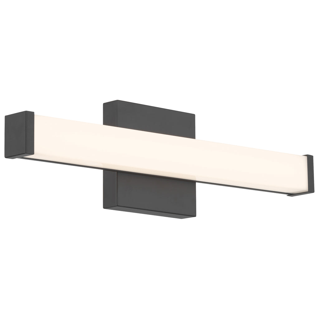 Maxx 5CCT LED Vanity by Access Lighting, shown in matte black with an 18″ rectangular wall-mounted design and a frosted white diffuser, displayed against a white background.