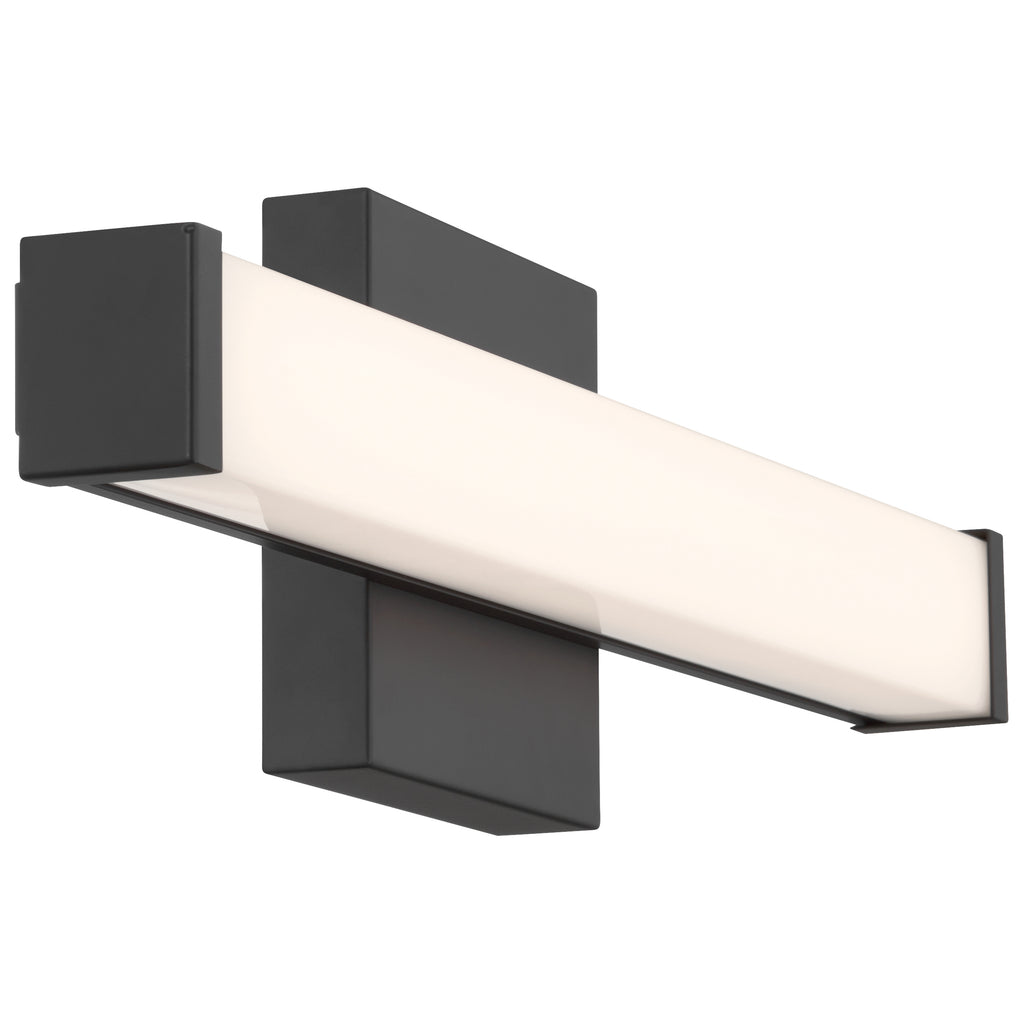 The Maxx 5CCT LED Vanity by Access Lighting features a modern, matte black rectangular base with an 18-inch horizontal frosted white diffuser.