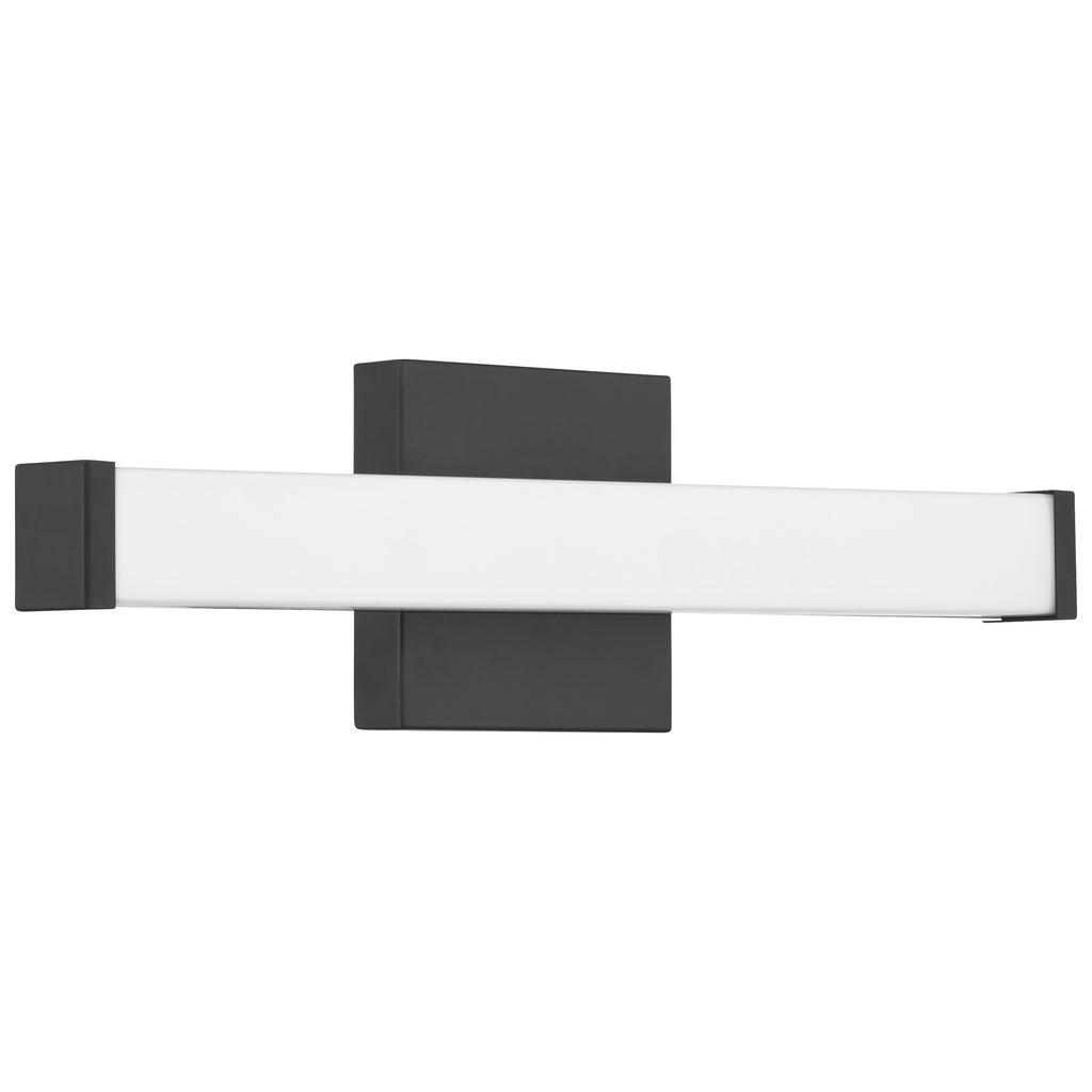 Access Lighting’s Maxx 5CCT LED Vanity is an 18″ rectangular wall-mounted fixture in matte black, featuring a horizontal frosted white diffuser.