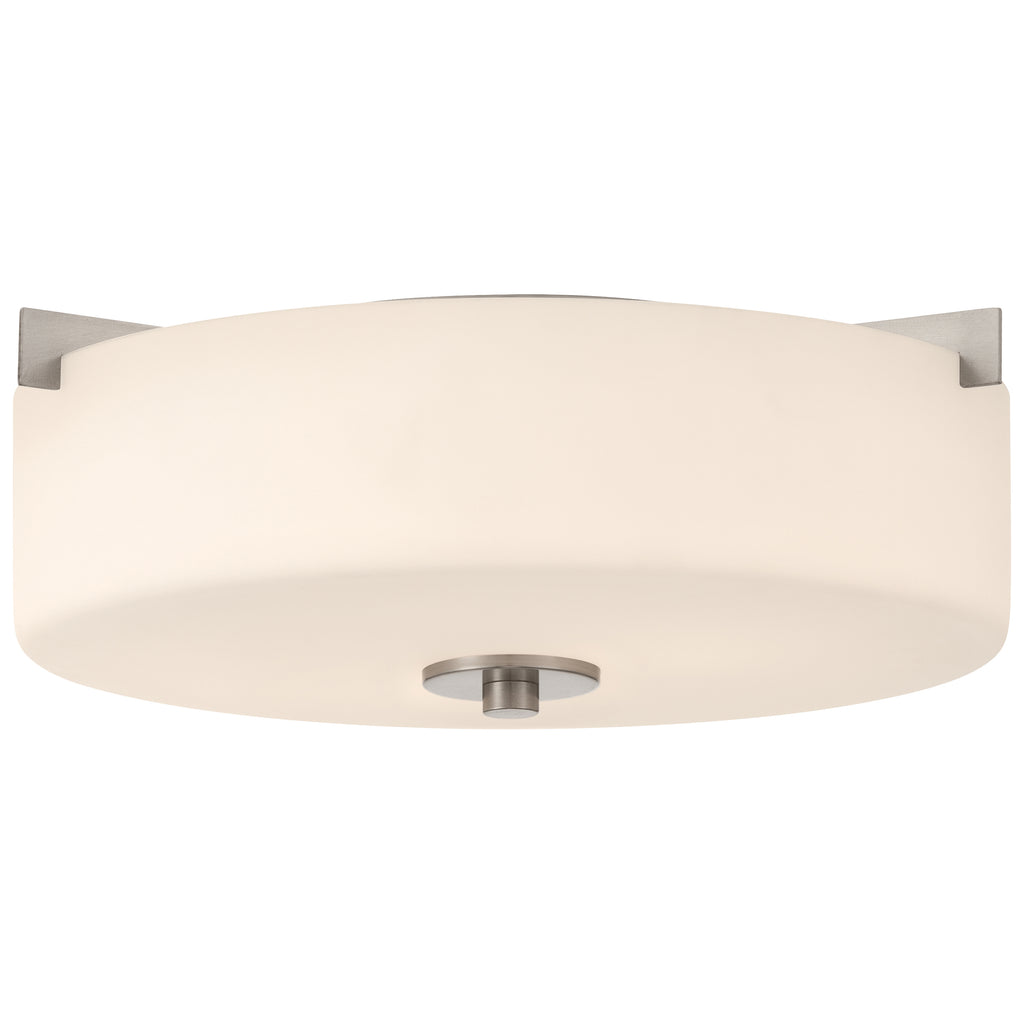 The Rachel 2 Light Flush Mount by Access Lighting features a round design with a white diffuser and brushed steel accents, shown from below against a plain background.