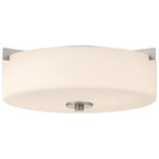The Rachel 2 Light Flush Mount by Access Lighting features a round design with a white diffuser and brushed steel accents, shown from below against a plain background.