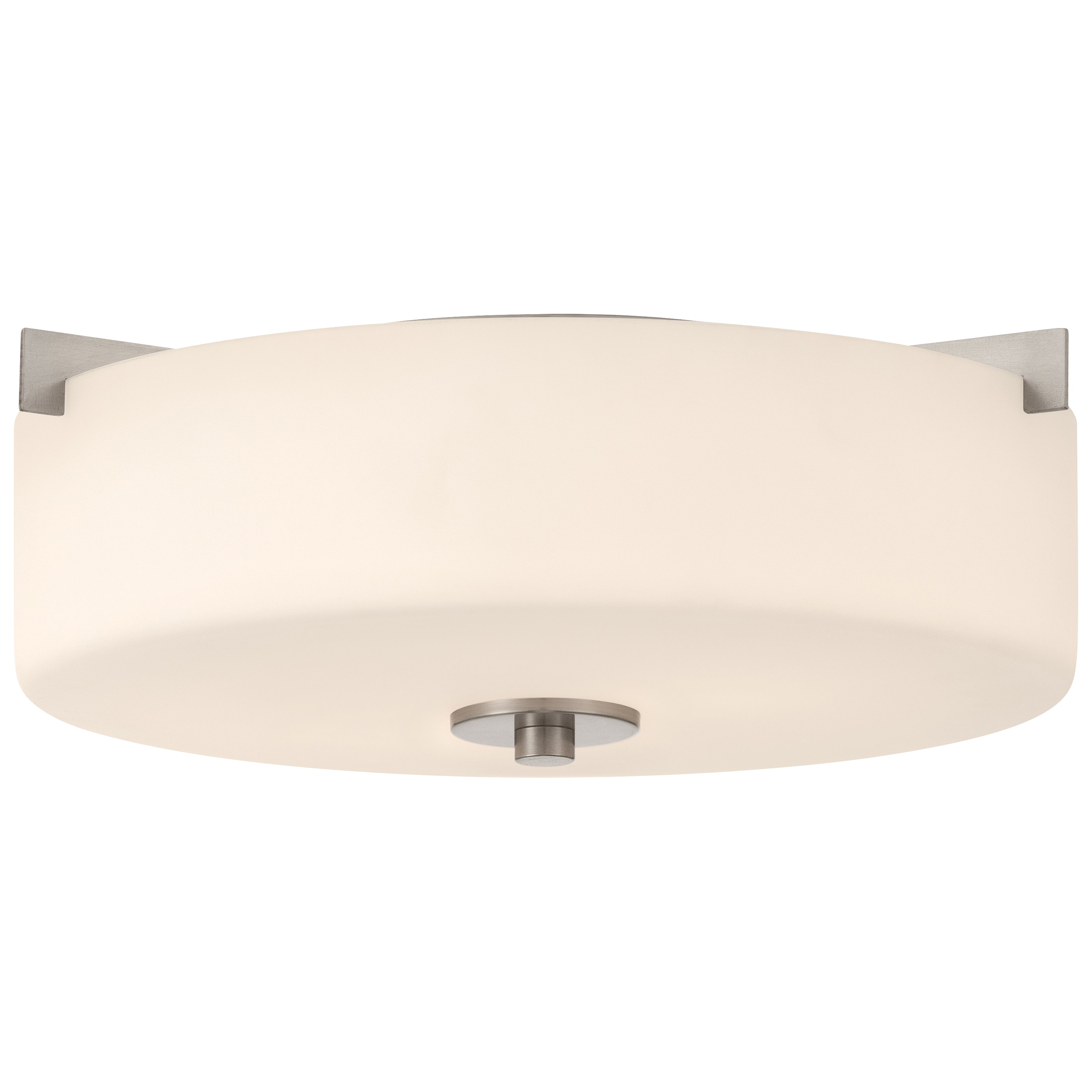 The Rachel 2 Light Flush Mount by Access Lighting features a round design with a white diffuser and brushed steel accents, shown from below against a plain background.