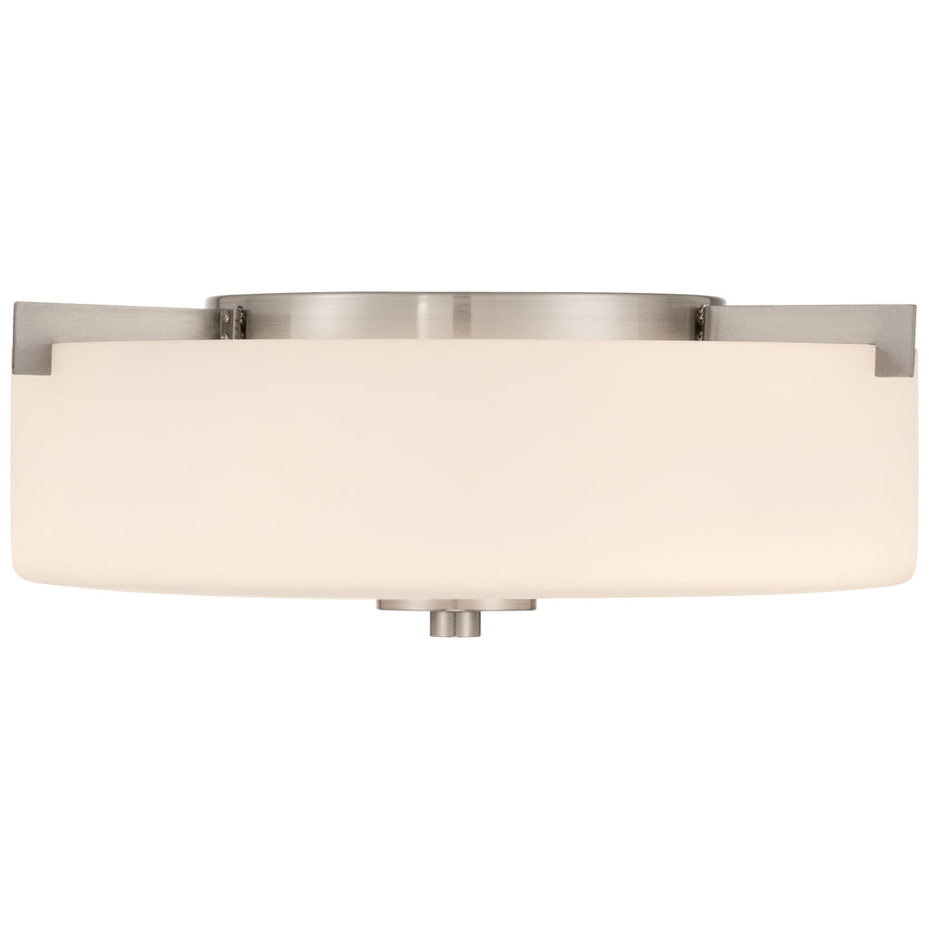 Rachel 2 Light Flush Mount by Access Lighting featuring a brushed steel finish and a round, frosted glass shade, shown from the front against a white background.