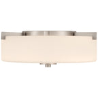 Rachel 2 Light Flush Mount by Access Lighting featuring a brushed steel finish and a round, frosted glass shade, shown from the front against a white background.