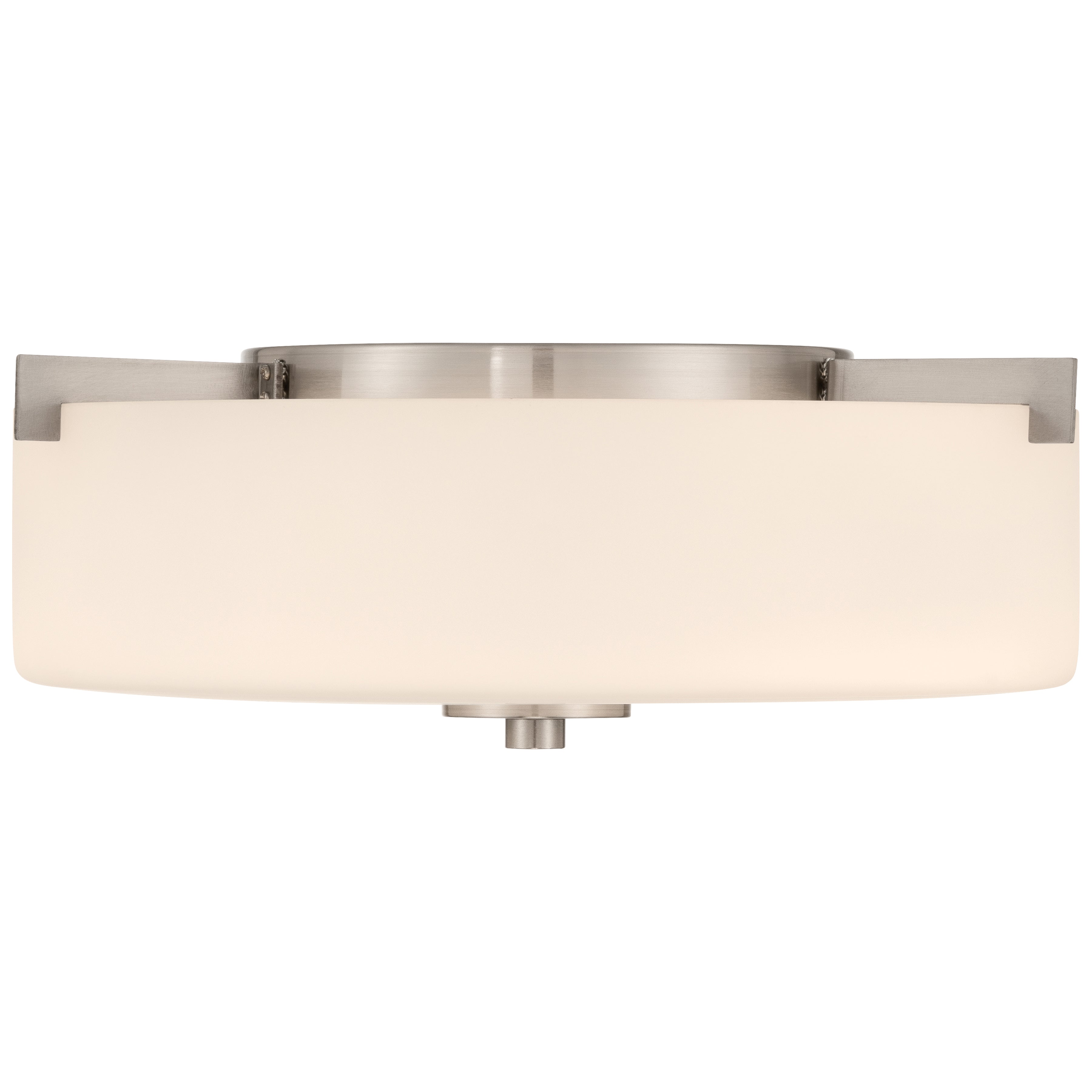 Rachel 2 Light Flush Mount by Access Lighting featuring a brushed steel finish and a round, frosted glass shade, shown from the front against a white background.